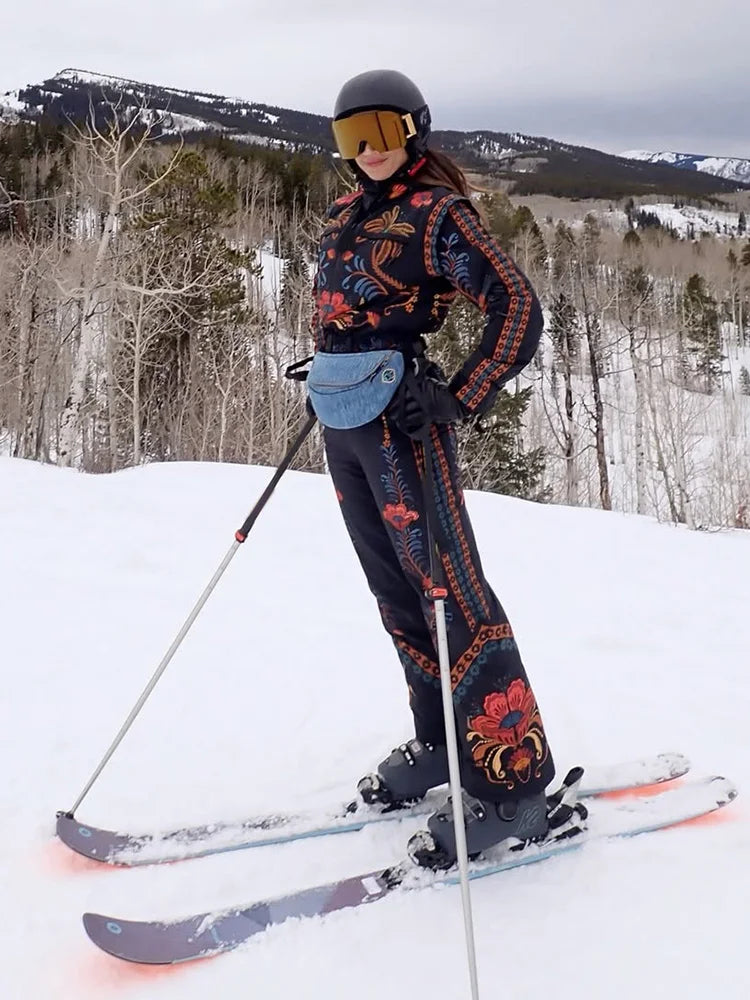 Women's Skiwear Printed With Belt Jumpsuits Winter Female Stand Collar Long Sleeve Zipper Slim Jumpsuit New Ladies Ski Sportwear