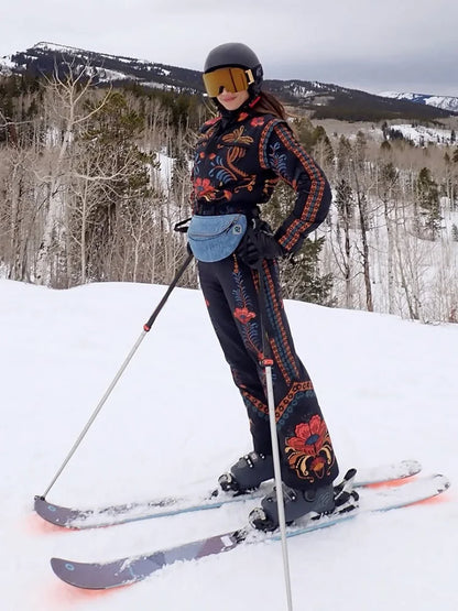 Women's Skiwear Printed With Belt Jumpsuits Winter Female Stand Collar Long Sleeve Zipper Slim Jumpsuit New Ladies Ski Sportwear