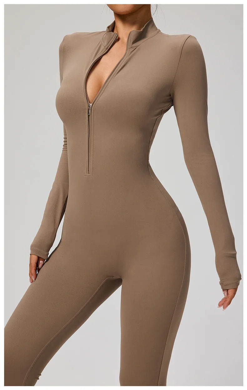 TRY TO BN Women's Jumpsuit Long Sleeve Zipper Shapewear Bodysuit Yoga Fitness One Piece Tights Gym Clothing Mono Deportivo Mujer