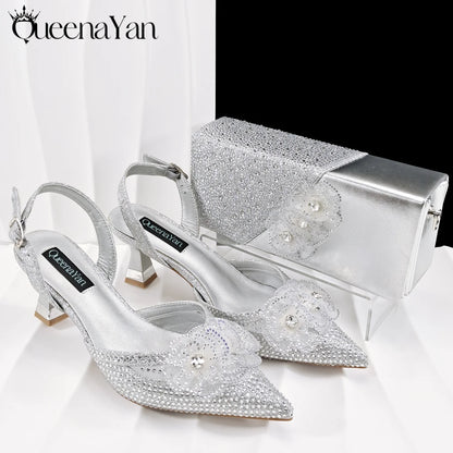 QueenaYan Elegant African-Inspired Evening Shoes and Handmade Clutch Set Pointed Toe High-Heel Women's Footwear and Matching Bag