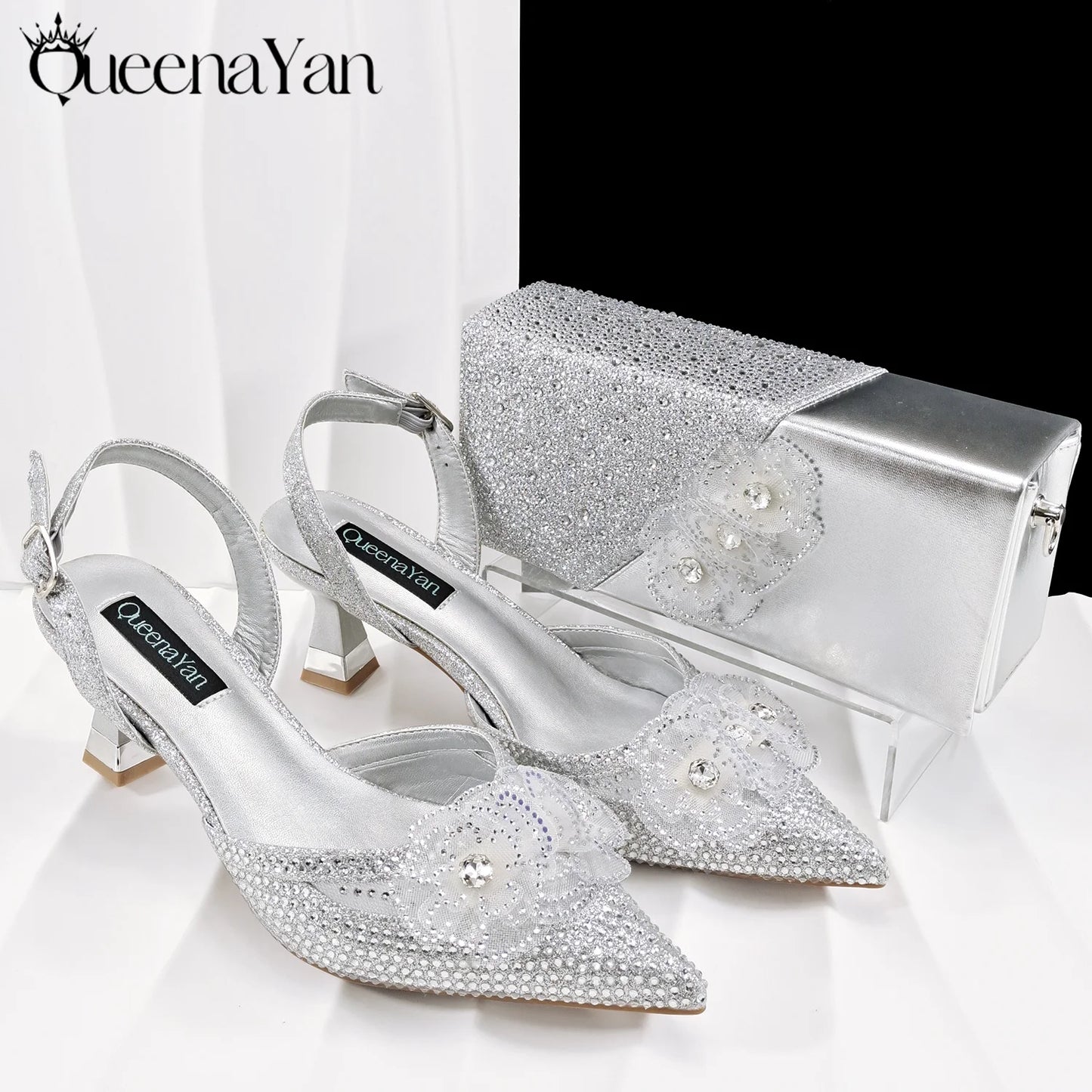 QueenaYan Elegant African-Inspired Evening Shoes and Handmade Clutch Set Pointed Toe High-Heel Women's Footwear and Matching Bag