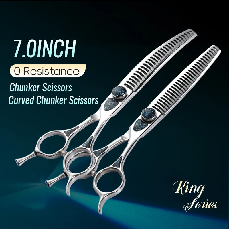Fenice King Series 7/7.5Inch VG10 Shell Bearing Screws Dog Trimming Grooming Straight Curved Thinner Chunker Pet Scissors Tools