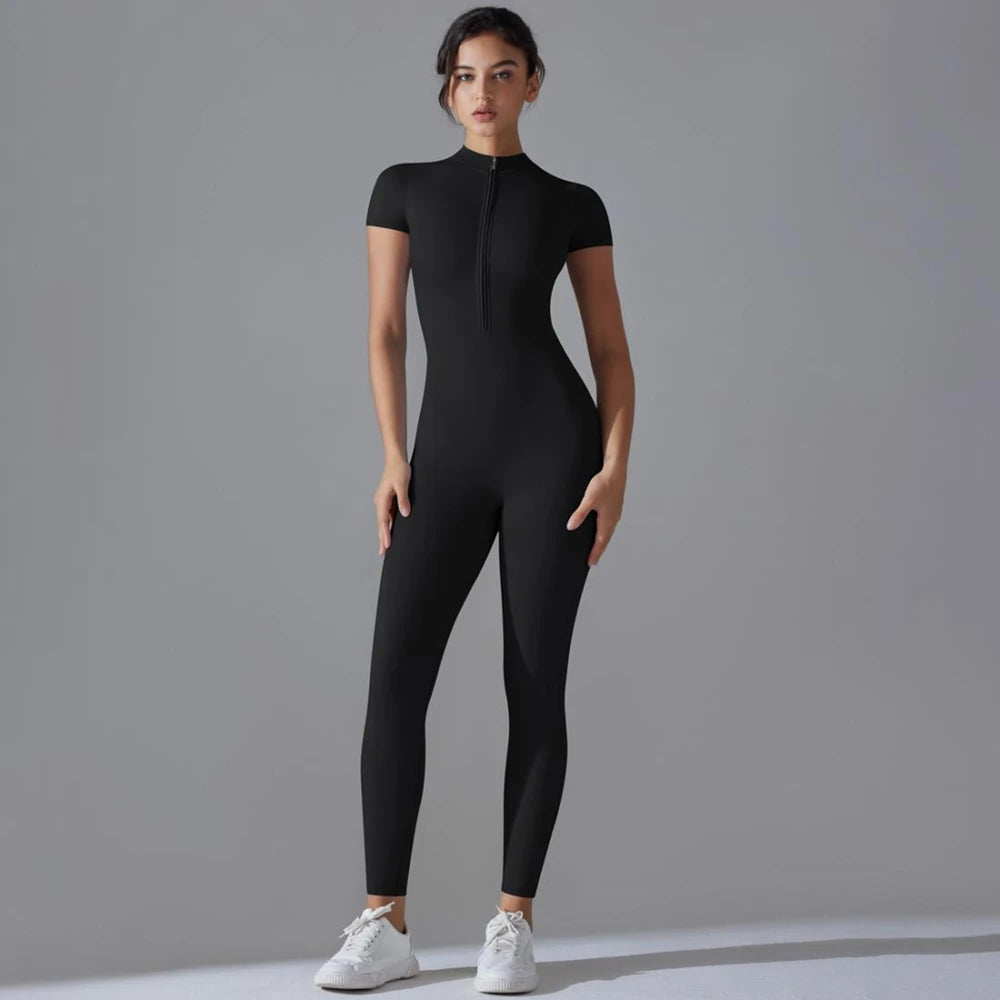 Womens Jumpsuits Short Sleeve Yoga Slim Fit Stretch One Piece Romper Sexy Fitness Female Basic Sportwears Black Zipper Ladies