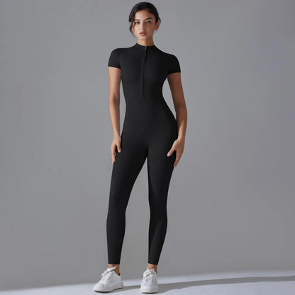Womens Jumpsuits Short Sleeve Yoga Slim Fit Stretch One Piece Romper Sexy Fitness Female Basic Sportwears Black Zipper Ladies