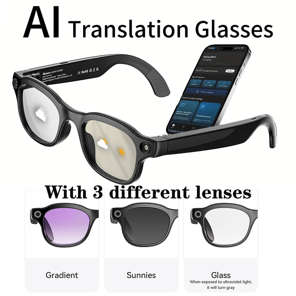 800W HD AI Smart Glasses with Camera, 1080P HD Video Recording, AI Assistant, Real-Time Translation, with Color-Changing Lenses