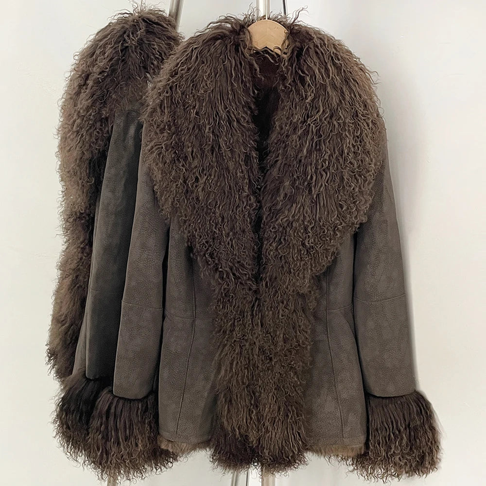 OFTBUY New Winter Warm Curly Mongolia Sheep Fur Jacket Women Vintage Shearling Coat Slim Faux Suede Real Rabbit Fur Clothing