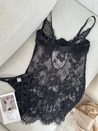 Ellolace Seductive Women's Casual Dresses Tempted Deep V Mini Dress Thong 2PC Hot Sheer Lace Lingerie Sexy Sensual Sleep Gown