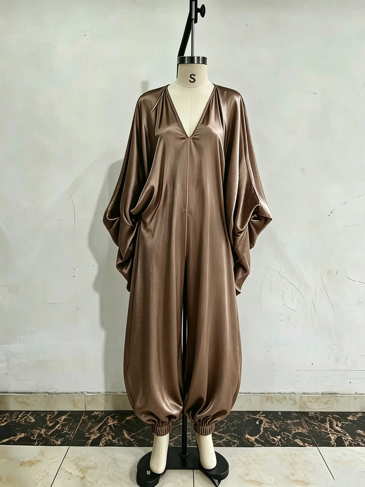 New Spring Autumn Solid V Neck Batwing Sleeve Loose Jumpsuit Women Fashion Satin Wide Leg Pants Jumpsuits Casual Holiday Rompers