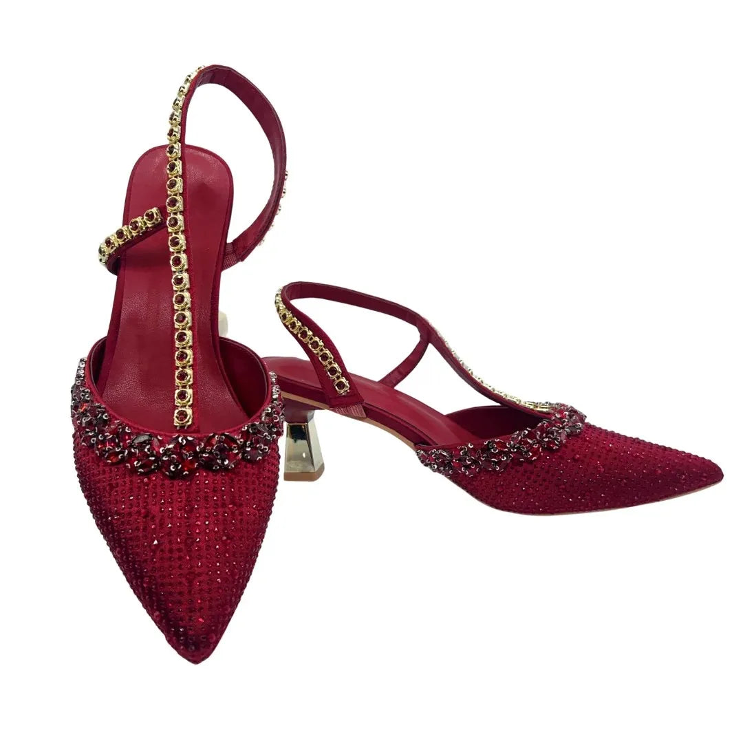 Insightlink Luxury Red Rhinestone Slingback Heels Bow Clutch Set Pointed Toe Shoes for Women Wedding Party Banquet Formal Event