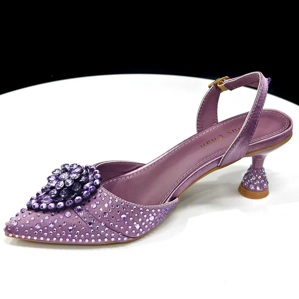 Latest Women Italian Shoes and Matching Bags Decorated with Rhinestone Elegant Pointed Toe Wedding Shoes Bride