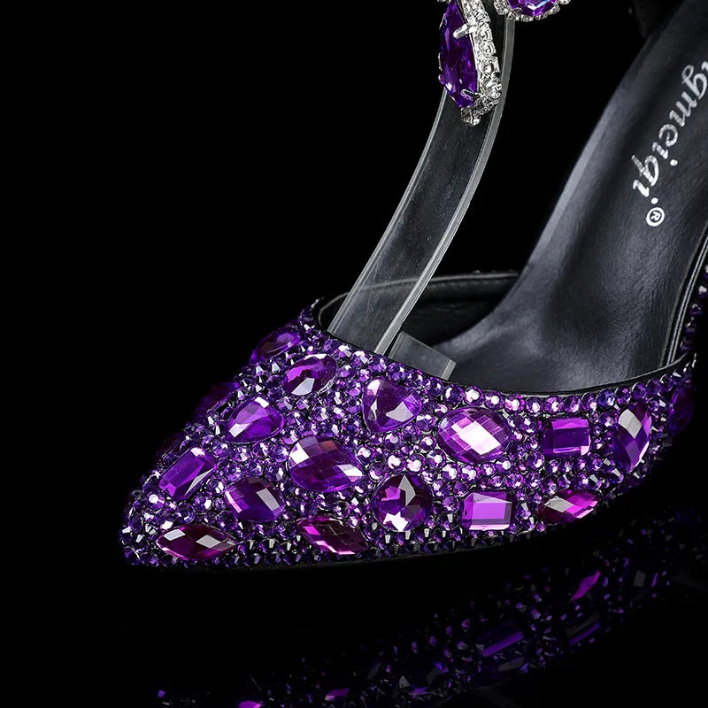 2024 Autumn Slim Heels Shallow Mouth Luxury Blue Water Diamond Pearl Women Single Shoes 9CM Wedding Party Shoes Sandalias Mujer