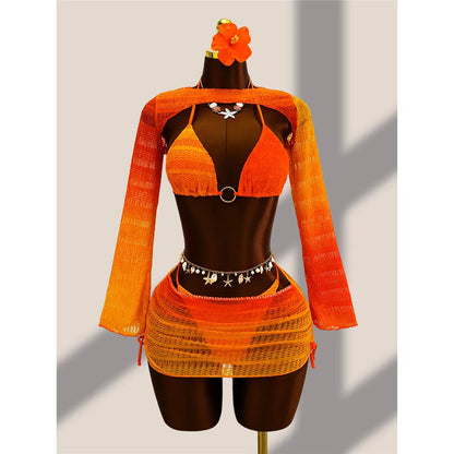 4PCS With Cover Up Skirt Gradient Bikini Women Swimwear Female Swimsuit Four-Pieces Bikini Set Bather Bathing Suit Swim V8303