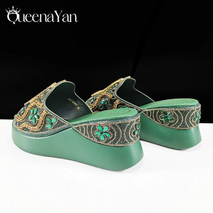Queena Yan High Quality 2025 Newst Hot Selling Open Toe Slingback Sandals with Bag Set in Green Color For Women Wedding Party