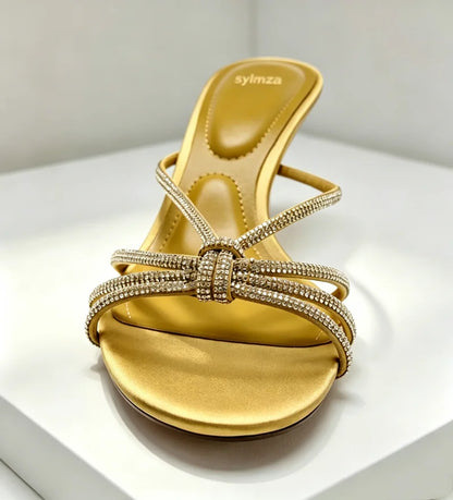 Luxury Rhinestone Detail Women's Slippers Sexy Crossover Straps Heeled Sandals for Ladies Metallic Upper Summer Women's Shoes