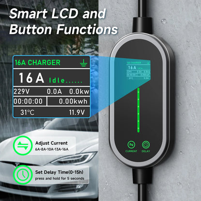 JNTAFEV EV Charger Portable 3.6kW TS-NACS Charger Plug 2.8" LCD Screen with Set Delay Schedule Charging Station for Tesla Cars
