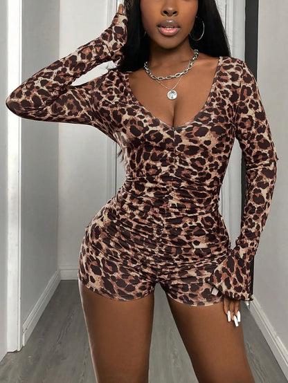 Women's Sexy Leopard Print Deep V Neck Pleated Slim Long Sleeve Bell Cuff Jumpsuit