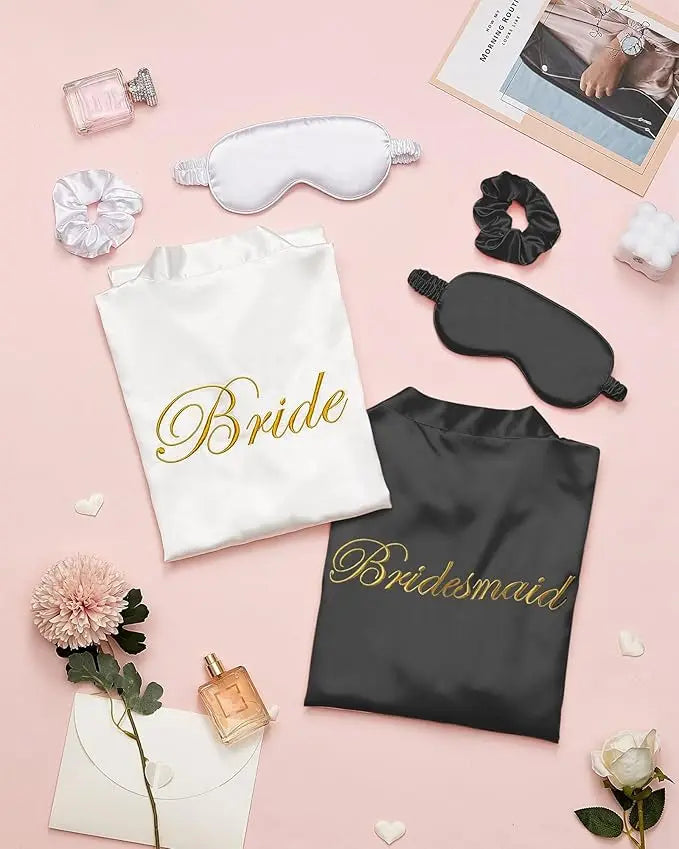 7 Pcs Bridesmaid Robe Sets Bride Silk Satin Bridal Party with Sleeping Eye Mask and Elastic Headband
