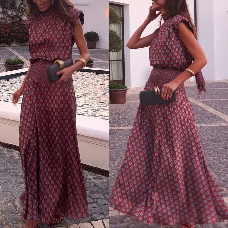 Vintage Printed Slim Office Commuting Suit Casual Loose Top+High Waisted Skirt 2pc Set Elegant Semi High Neck Sleeveless Outfit