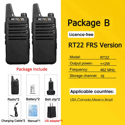 Retevis RT622/RT22 2 pcs Mini Walkie Talkie License Free PMR/FRS Two Way Radio VOX Type-C Portable for Hotel Restaurant Camping