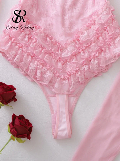 SINGREINY Off Shoulder Hotsweet Sexy Bodysuits Women Long Sleeves Ruffles Sweet Rompers Hollow Out Floral Lace Pink Playsuits