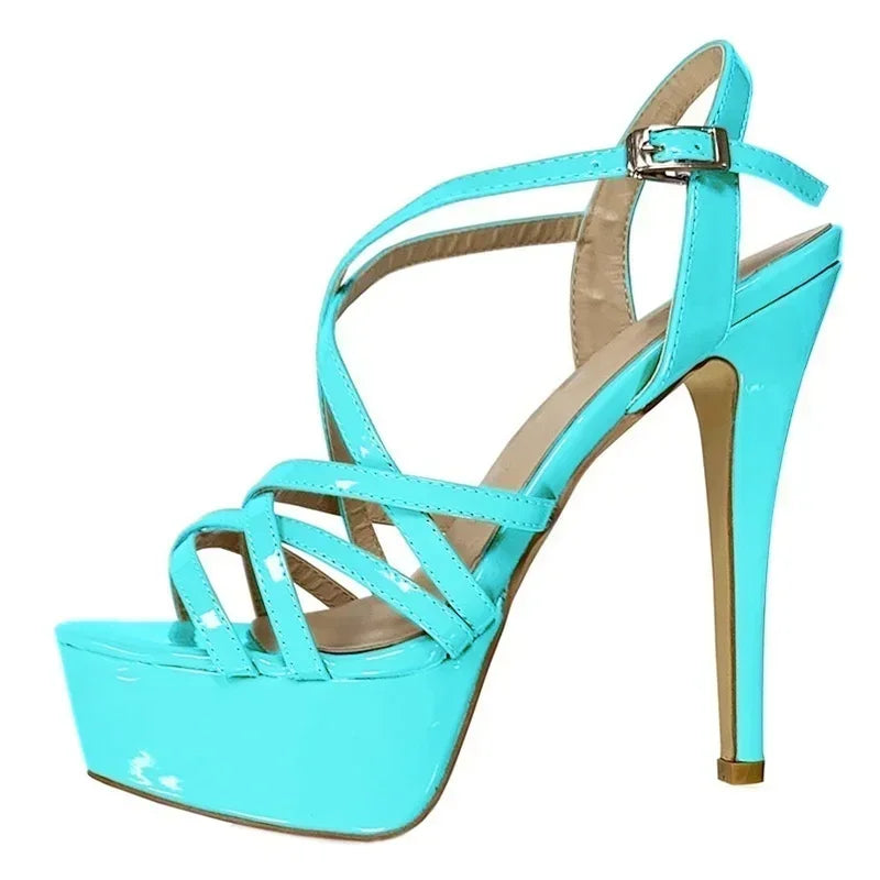 Women Sandals Catwalk Shows 14CM Open Toe Platform High Heels Snake Pattern Stilettos Sexy Ankle Strap Gladiator Party Shoes