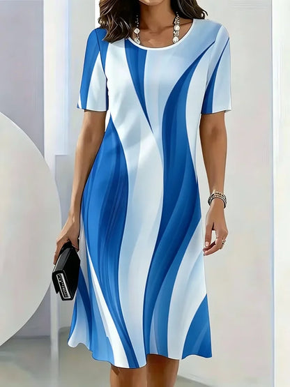 Summer Women Dress Fashion Gradient Striped Pattern Printed Dress Short Sleeve O-Neck Loose Casual A-Line Mini Dress