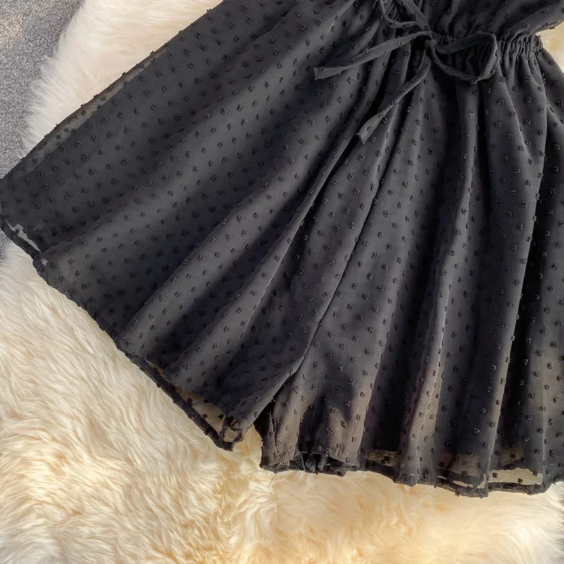2025 Summer Women Playsuit Polka Dot See Through Thin Beach Rompers Sexy V-neck Short Sleeve Drawstring Sash Slim Waist Overalls