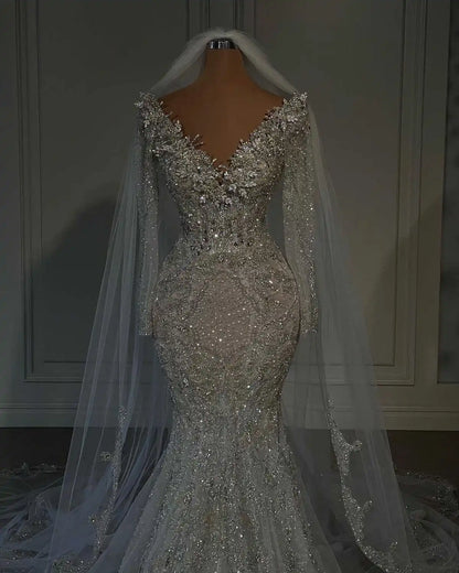 Glitter V Neck Wedding Dresses Crystal Bridal Gowns Sequins Beading Sweep Train Long Sleeve Customized Bride Dress