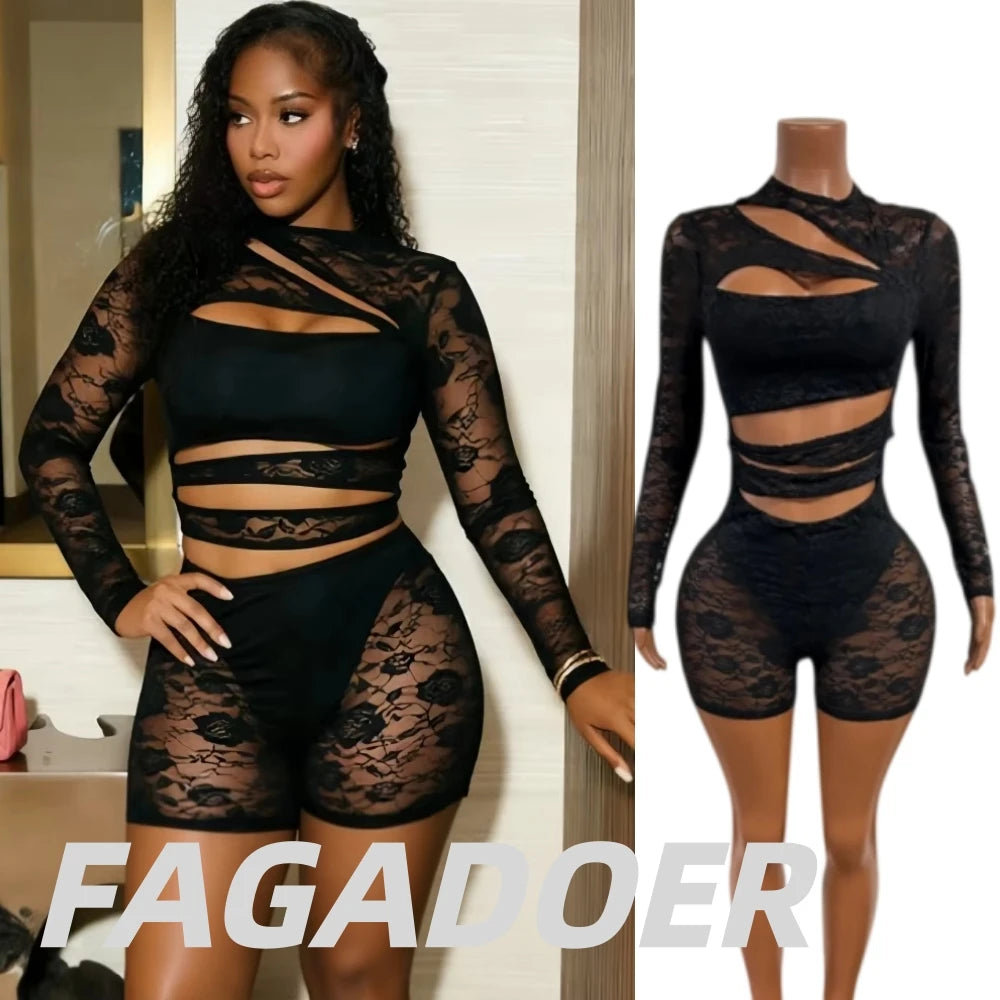 FAGADOER Sexy Black Floral Lace Rompers for Women Fashion Hollow Out Long Sleeves Bodycon Jumpsuits Night Club Mesh Playsuits