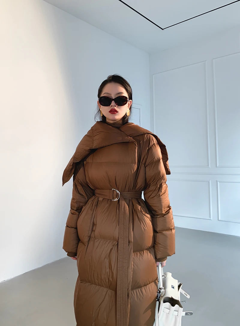 High end Ultra long White goose down Jacket For women Winter 2025 New Fashion Down Coat Female Thicken Parka Overcoat with belt