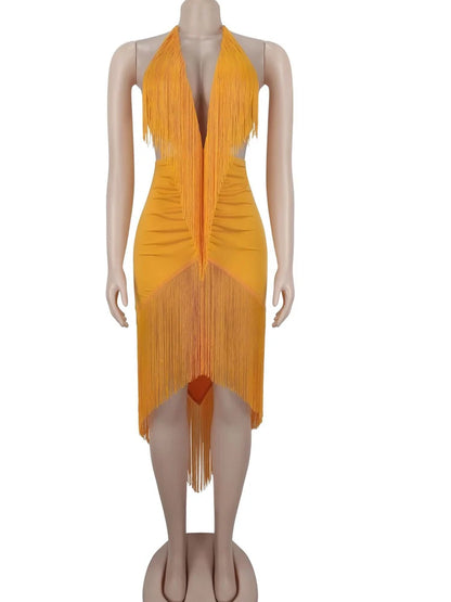 Kricesseen Sexy Solid Plunging V-Neck Fringe Backless Maxi Dress Women Halter High Slit Tassel Long Dress Party Clubwear Bodycon