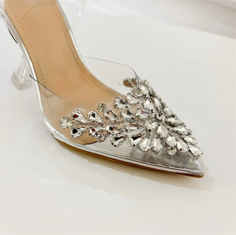 Liyke 2026 New Gold Silver Diamond Rivet Pointed Toe Slingback Sandal Women Pumps Sexy Clear High Heels Wedding Party Prom Shoes