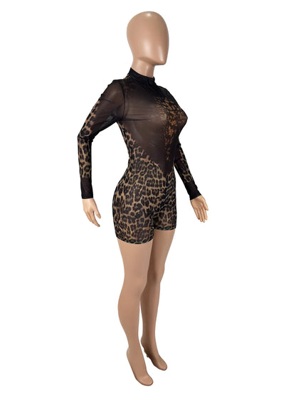 D9551 European and American Women's sexy Leopard Print Mesh Print See through Long-Sleeved Round Neck Jumpsuit Shorts
