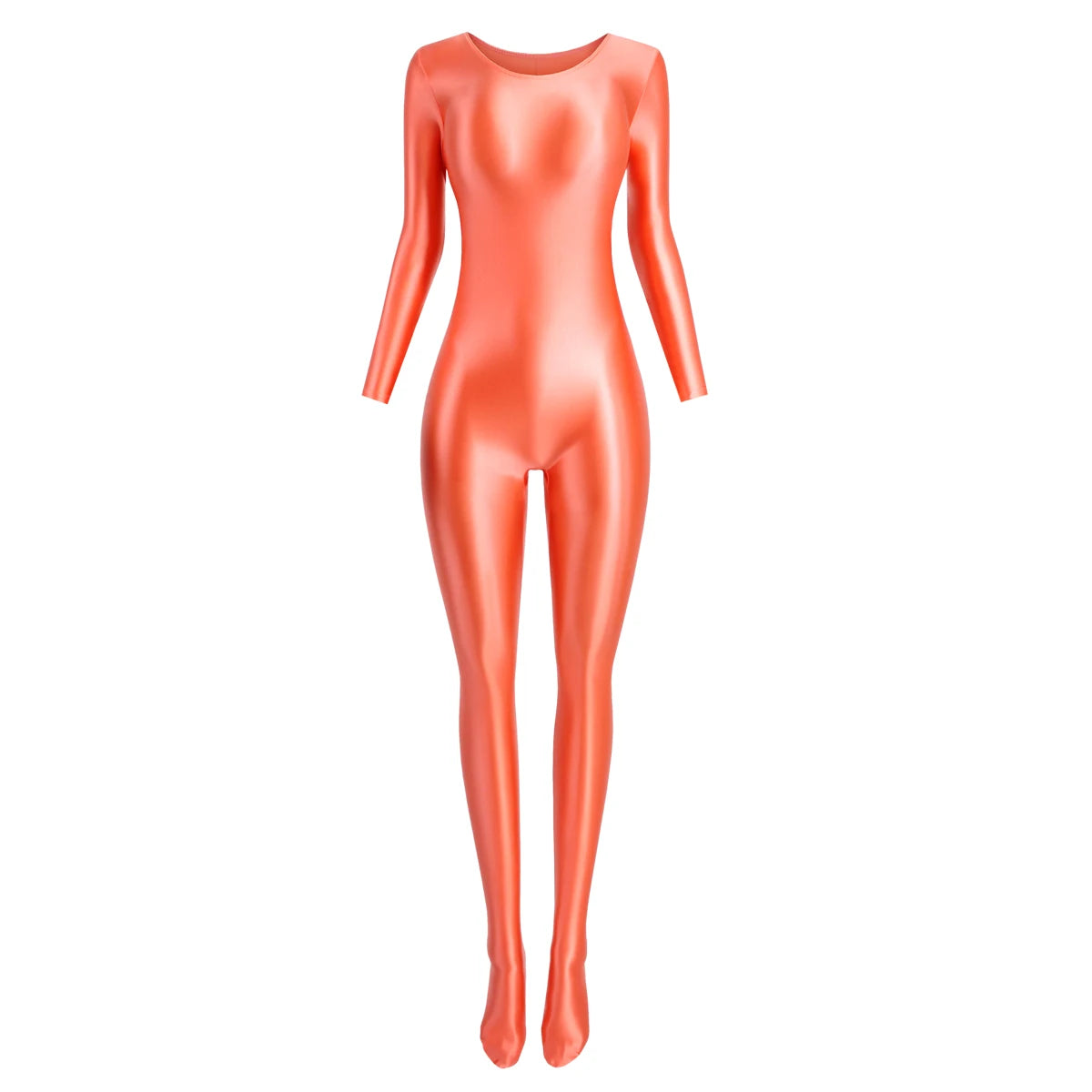 MJINM Women Smooth Overalls Long Sleeve Tights Round Neck Full Length Stretch Zentai Bodysuits Yoga Fitness One Piece Jumpsuits