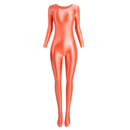 MJINM Women Smooth Overalls Long Sleeve Tights Round Neck Full Length Stretch Zentai Bodysuits Yoga Fitness One Piece Jumpsuits