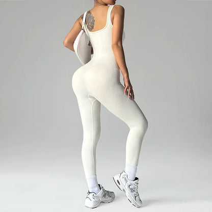 Women's One Piece Fitness Jumpsuits Seamless Slim Tracksuit High Elastic Gym Workout Bodysuit Ribbed Knited Hip Lift Jumpsuits