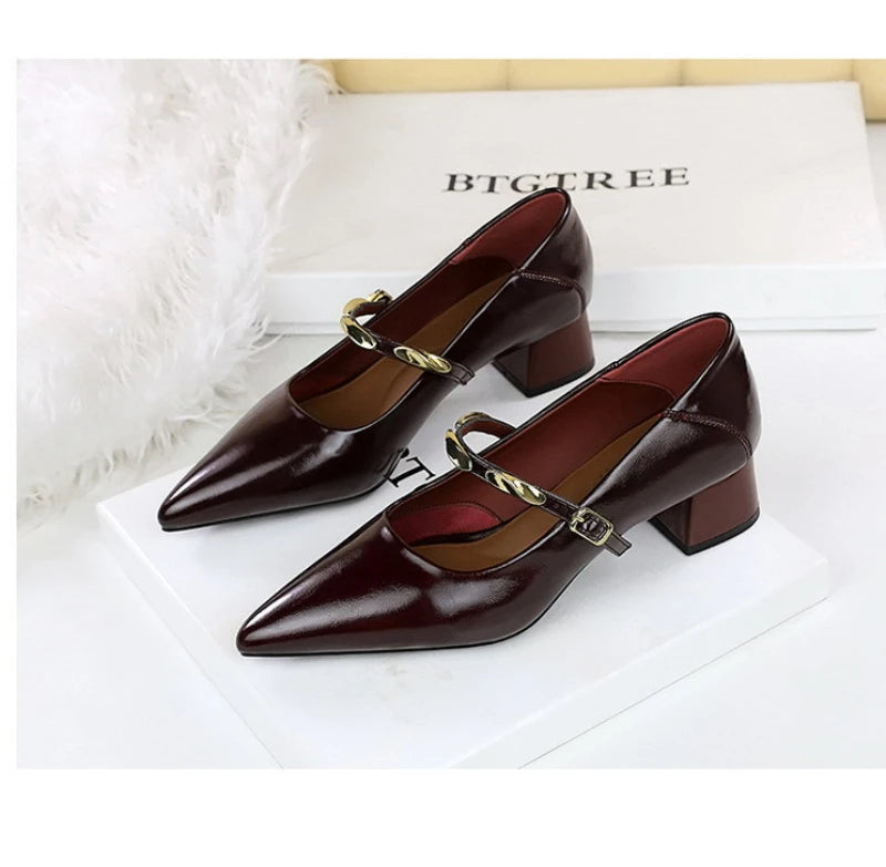 Women Korean Vintage Soft Split Cow Leather Pointed Pumps Simple Single Metal Buckle Strap Mid Chunky Heel Comfort Office Daily