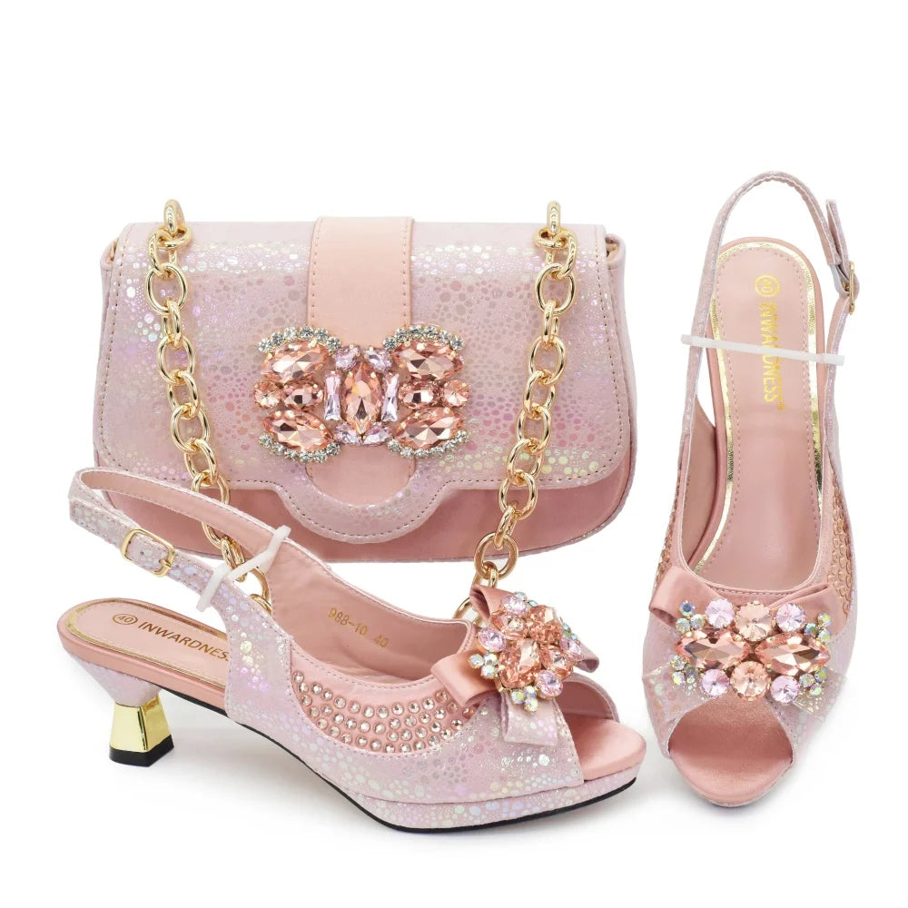 Nigerian Heel Party for Women Gold Color Shoes and Bag Set Rhinestone Handbag Italian Design Wedding Pumps Women Shoes Luxury