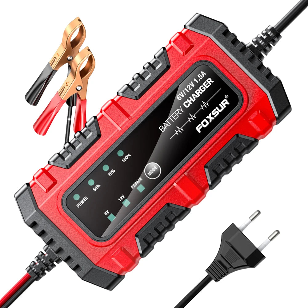 6V/12V 1.5A Car Battery Charger Electric Motorcycles Charger Smart Charger for Car Truck Boat SUV Lead-Acid AGM GEL Batteries