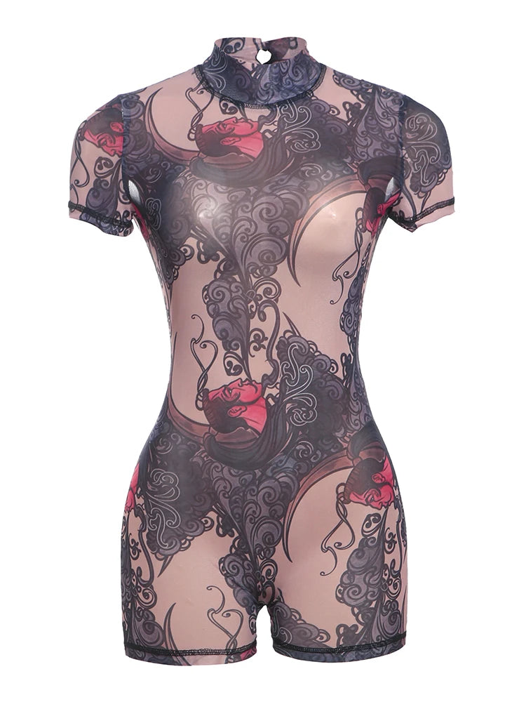 Weird Puss Backless Playsuit Women See Through Shorts Sleeve Peach Buttocks Summer Trend Aesthetic Print Midnight Club Romper