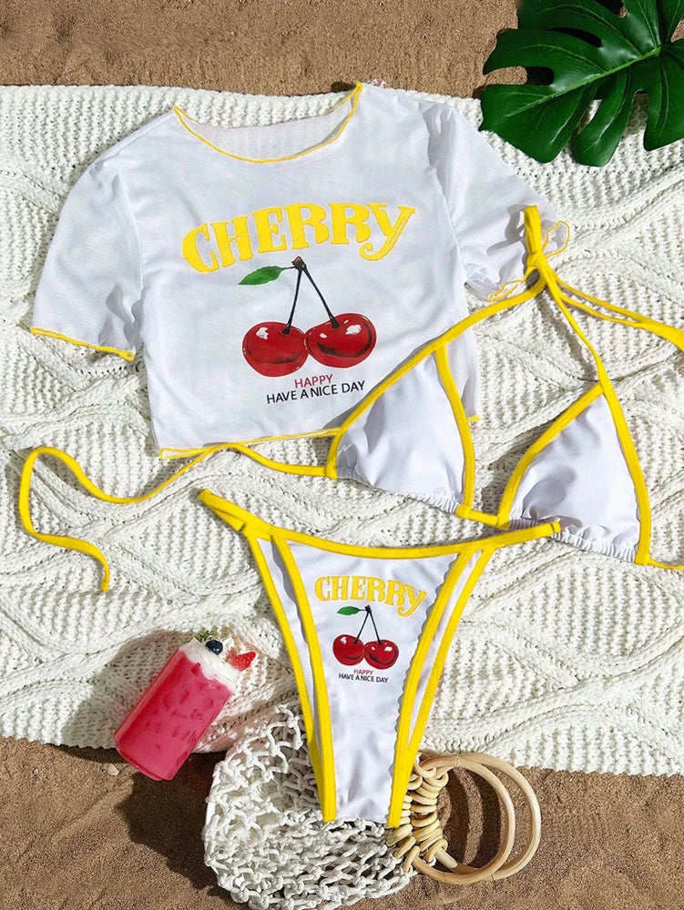Cute Halter Bikini 3 Pieces Cherry Print 2026 Sexy & Fresh Feeling Bathing Suit Three-Piece Swimsuit Dark Blue Beach Swimwear