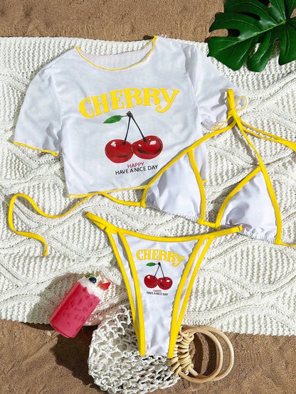 Cute Halter Bikini 3 Pieces Cherry Print 2026 Sexy & Fresh Feeling Bathing Suit Three-Piece Swimsuit Dark Blue Beach Swimwear