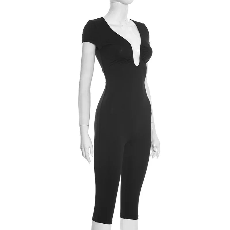 Short Sleeve Sexy Club Party Jumpsuit Women Y2K Casual Autumn Winter V Neck Bodycon Black Overalls Rompers Streetwear Vacation