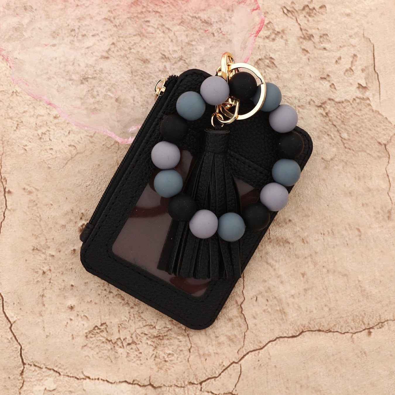 2025 Silicone bead pu leather key chain wristlet id credit card holder keychain wallet for women with bangle bracelet