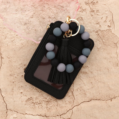 2025 Silicone bead pu leather key chain wristlet id credit card holder keychain wallet for women with bangle bracelet