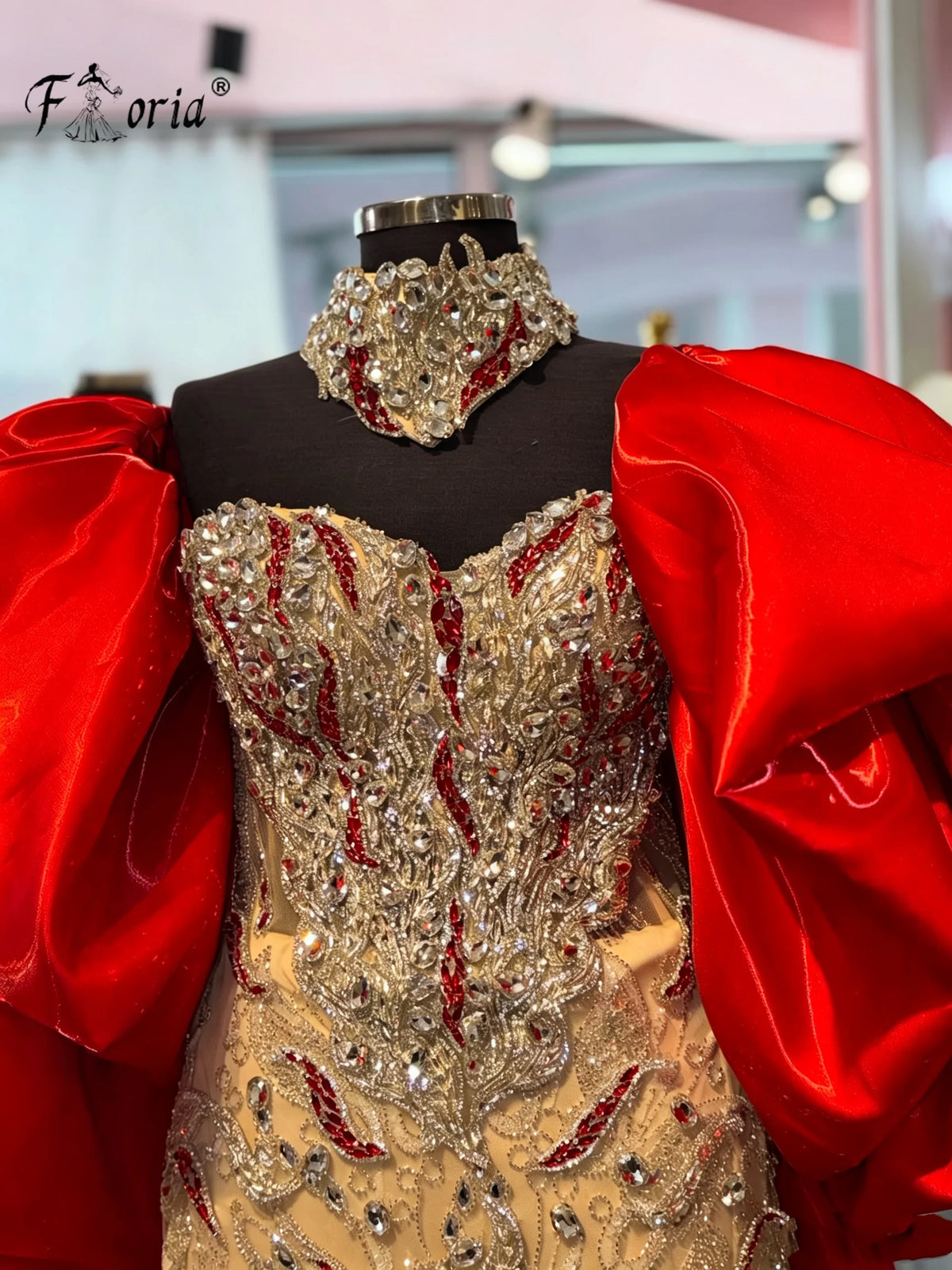 Luxury Heavy Beaded Evening Dress Puffy Big Sleeve High Neck Mermaid Prom Gown Sparkly Rhinestone Formal Party Dresses Customize