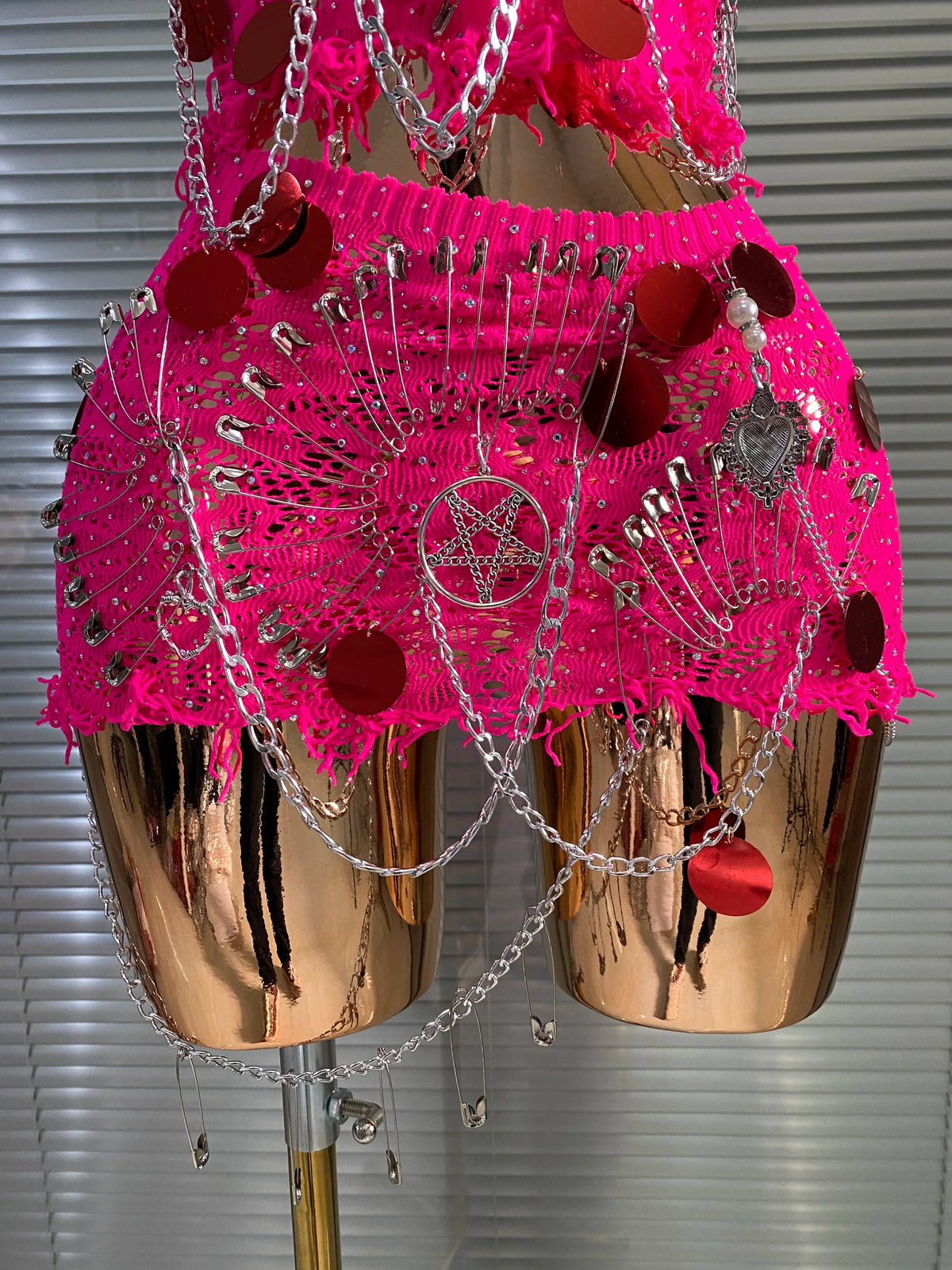Hot Pink Gothic Clubwear Women Sexy Pin Sequin Chain Holey Halter Crop Top Mini Skirt Two Pieces Set Adult Show Evening Outfits