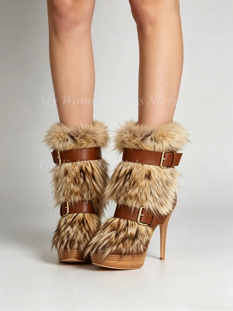 Fur Knee High Platform Boots Thin High Heel Buckle Strap Zipper New Arrivals Hot Sale 2026 Winter Women Dress Shoes Handmade