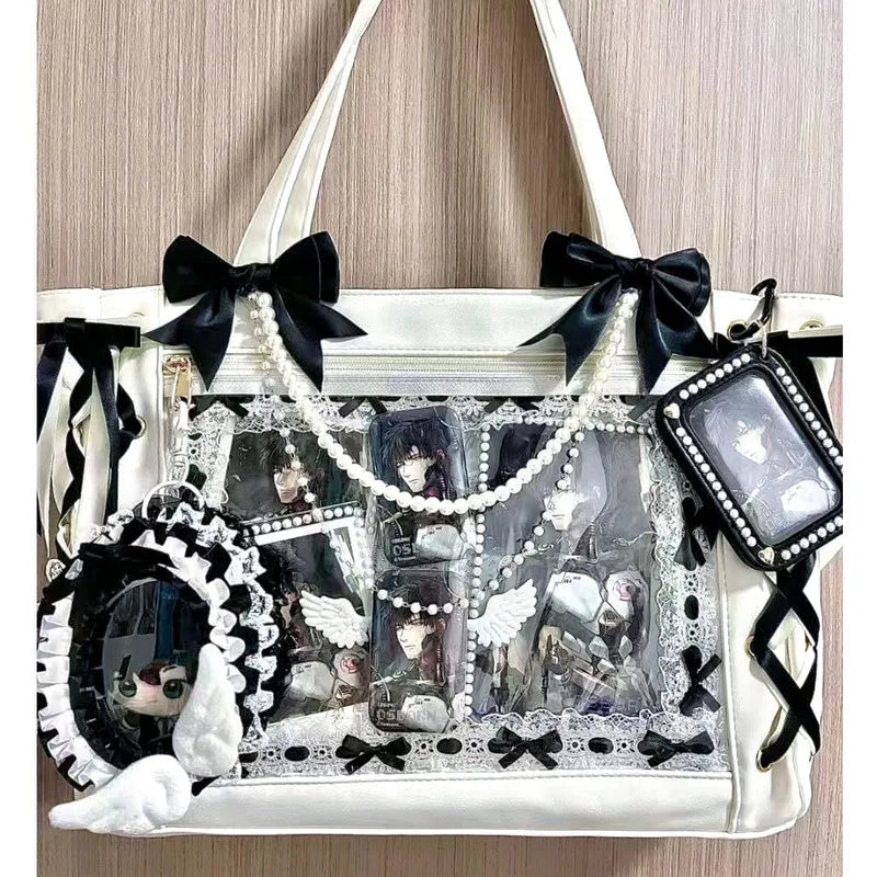 New Japanese Cute Sweet Ribbon Ita Bag Lolita Girls Transparent Handbags Fashion Large Capacity Tote Bag Aesthetic Shoulder Bags