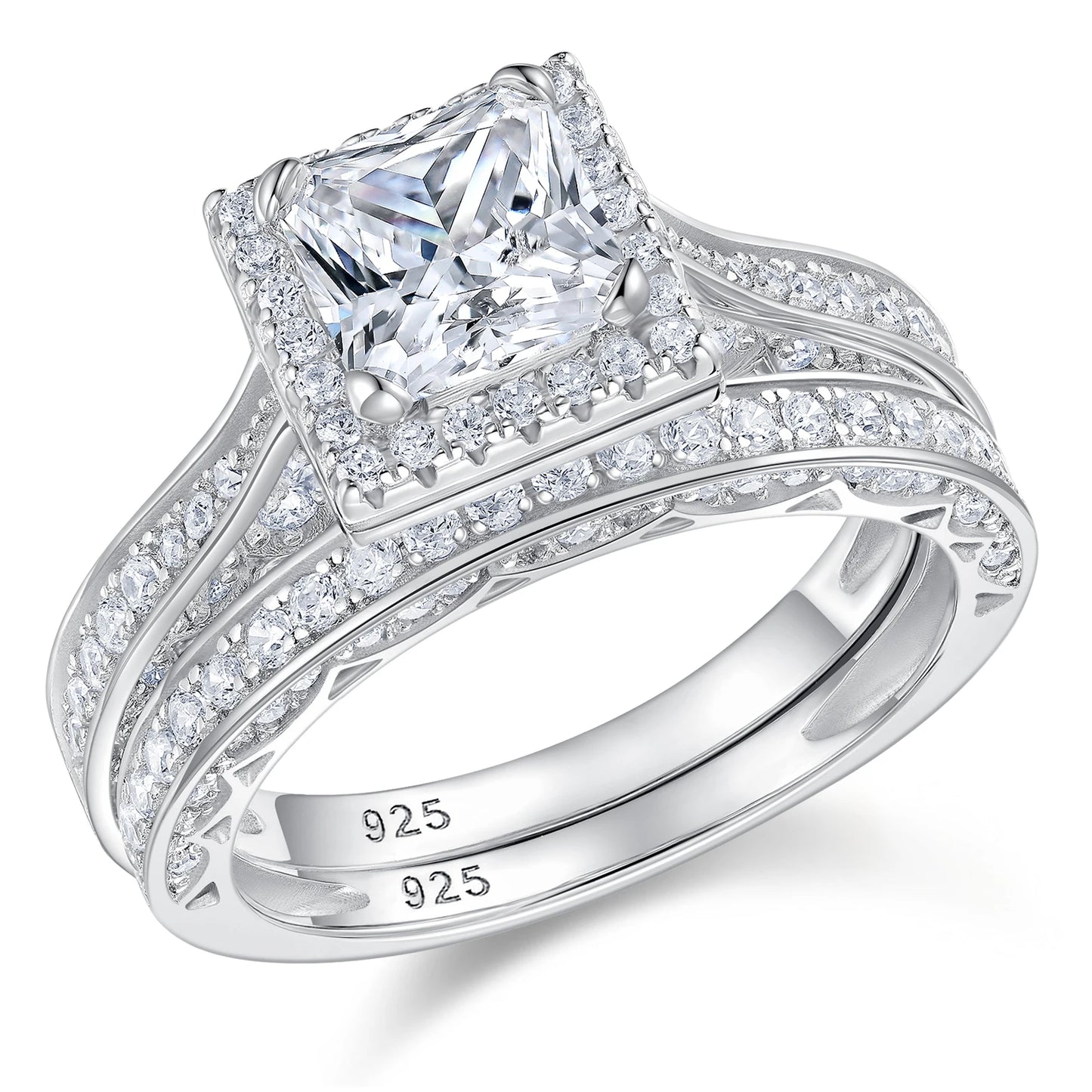 Newshe 2Pcs Genuine 925 Sterling Silver Moissanite /AAAAA Zircons Wedding Ring Set Halo Princess Cut Engagement Rings for Women